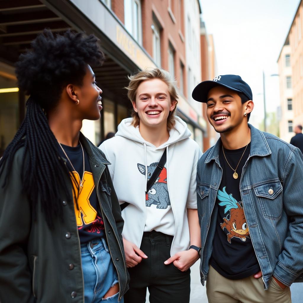 Three diverse Gen Z teenagers laughing together in an urban setting